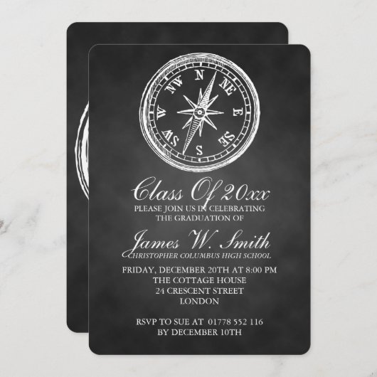 卒業の黒板のヴィンテージのコンパスの黒 招待状 (正面/裏面)
