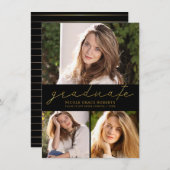 卒業の3写真のコラージュのモダンな金ゴールドの原稿 案内状 (正面/裏面)