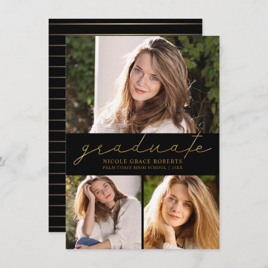 卒業の3写真のコラージュのモダンな金ゴールドの原稿 案内状 (正面/裏面)