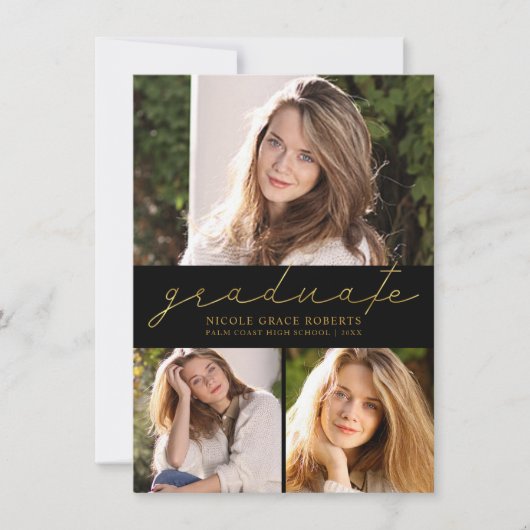 卒業の3写真のコラージュのモダンな金ゴールドの原稿 案内状 (正面)