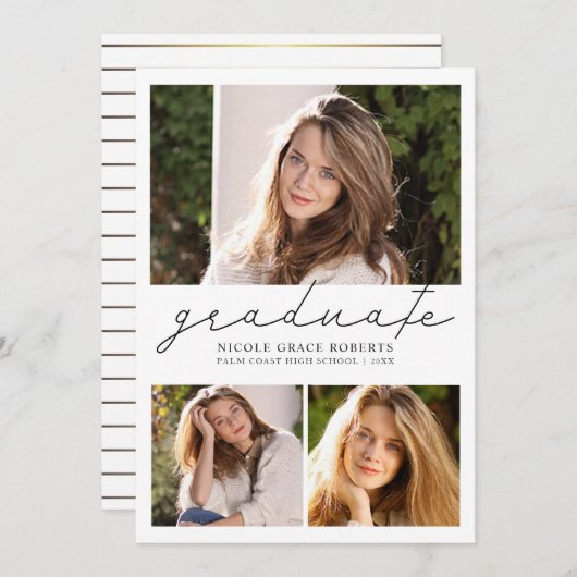 卒業の3写真のコラージュ容易なDIYのモダンの原稿 案内状 (正面/裏面)