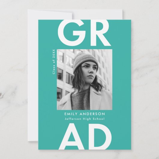 卒業はっきりしたターコイズ写真卒業パーティー 招待状 (正面)