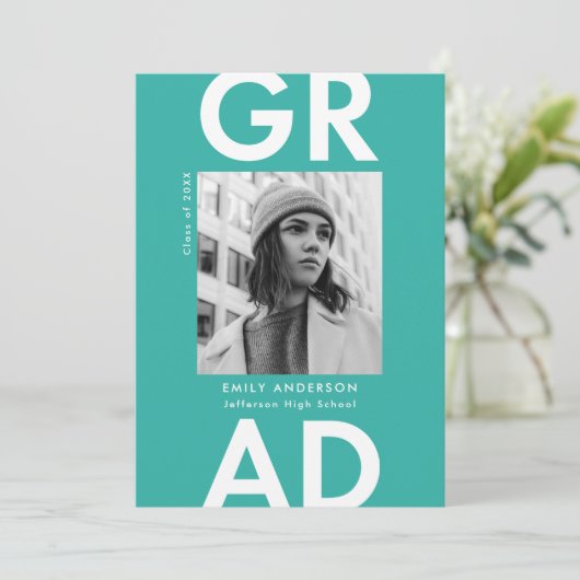 卒業はっきりしたターコイズ写真卒業パーティー 招待状 (スタンド正面)