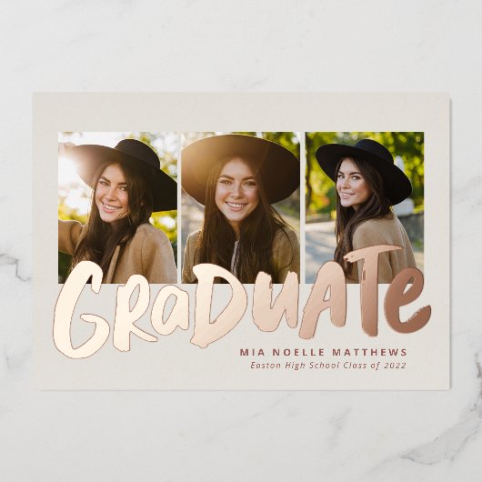 卒業はっきりしたバラモダン金ゴールド3写真卒業 箔招待状 (正面)