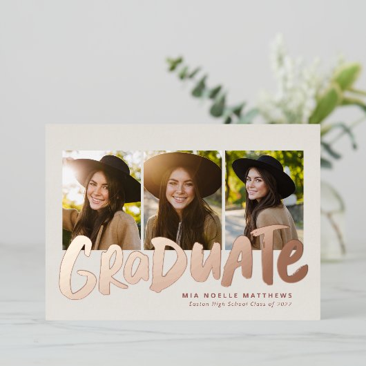卒業はっきりしたバラモダン金ゴールド3写真卒業 箔招待状 (立ち正面)