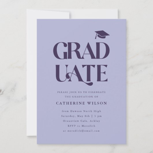 卒業はっきりしたパーティー写真紫 招待状 (正面)