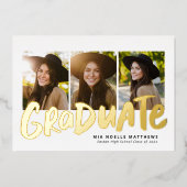 卒業はっきりしたモダン金ゴールド3枚の写真の卒業 箔招待状 (正面)