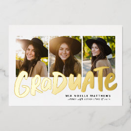 卒業はっきりしたモダン金ゴールド3枚の写真の卒業 箔招待状