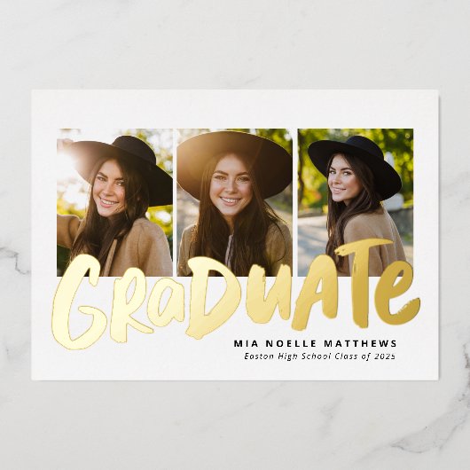 卒業はっきりしたモダン金ゴールド3枚の写真の卒業 箔招待状 (正面)