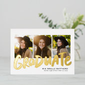 卒業はっきりしたモダン金ゴールド3枚の写真の卒業 箔招待状 (立ち正面)