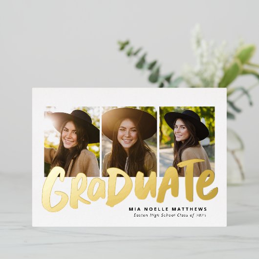 卒業はっきりしたモダン金ゴールド3枚の写真の卒業 箔招待状 (立ち正面)