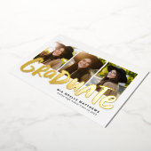 卒業はっきりしたモダン金ゴールド3枚の写真の卒業 箔招待状 (回転した状態)