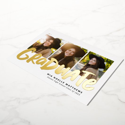 卒業はっきりしたモダン金ゴールド3枚の写真の卒業 箔招待状 (回転した状態)