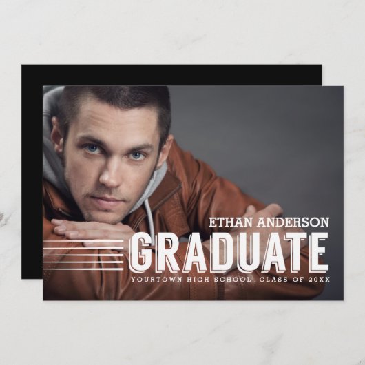 卒業はっきりした者 |ホワイト文字写真卒業パーティー 招待状 (正面/裏面)