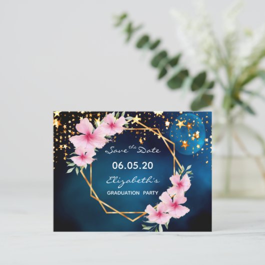 卒業は日付の熱帯の青空の星を保存 ポストカード (スタンド正面)