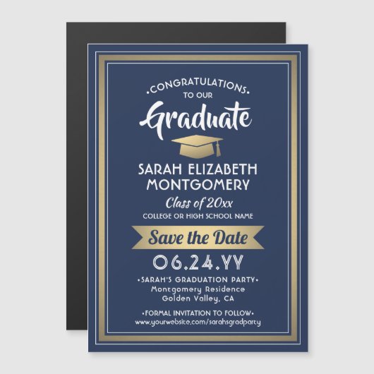 卒業は日付を保存するネイビーブルーホワイトと金ゴールド マグネット招待状 (正面/裏面)