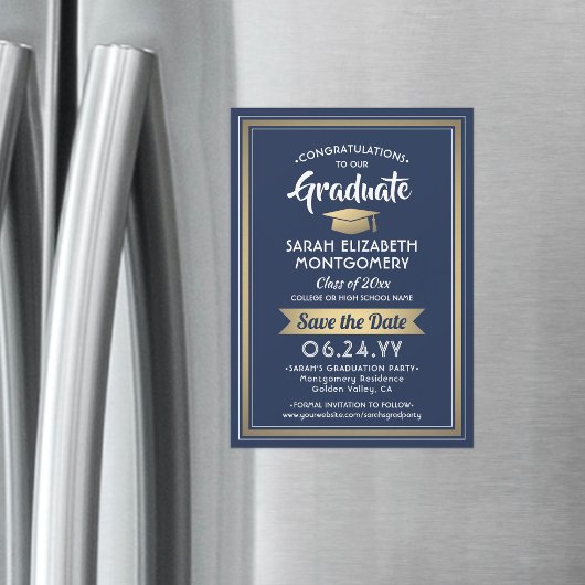 卒業は日付を保存するネイビーブルーホワイトと金ゴールド マグネット招待状