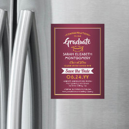 卒業は日付を保存するマルーンレッド&金ゴールドイエロー マグネット招待状