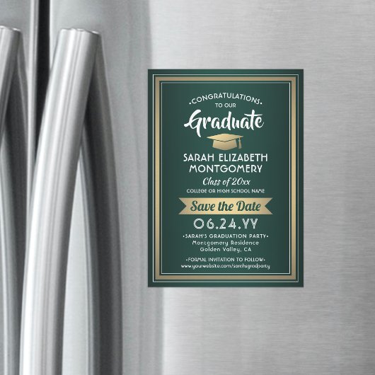 卒業は日付を保存エレガント緑の白金ゴールド マグネット招待状