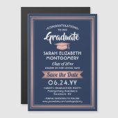 卒業は日付を保存ネイビーブルーピンクローズ金ゴールド マグネット招待状 (正面/裏面)