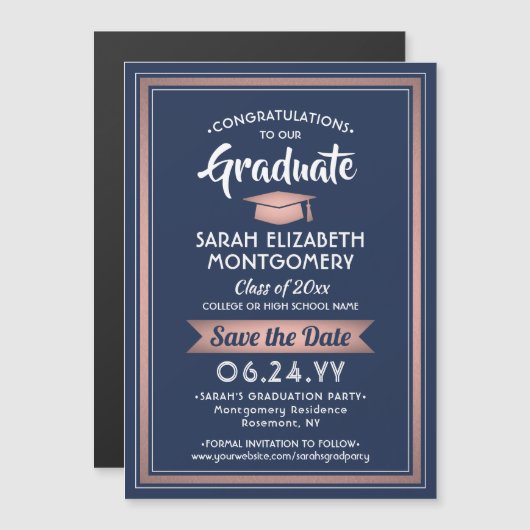 卒業は日付を保存ネイビーブルーピンクローズ金ゴールド マグネット招待状 (正面/裏面)