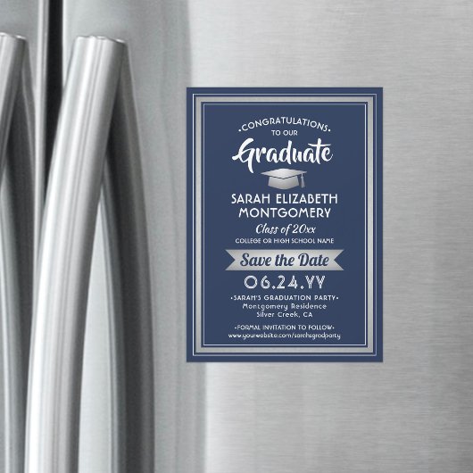 卒業は日付を保存Navy Blue and White マグネット招待状