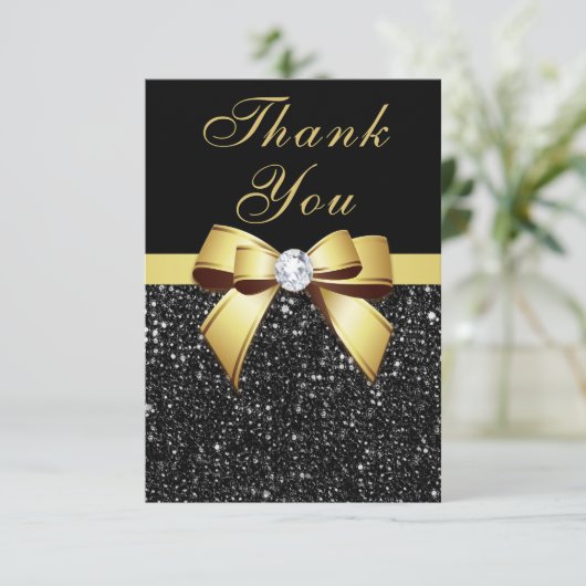 卒業は黒いスパンコールの金ゴールドの弓感謝していしています サンキューカード (スタンド正面)