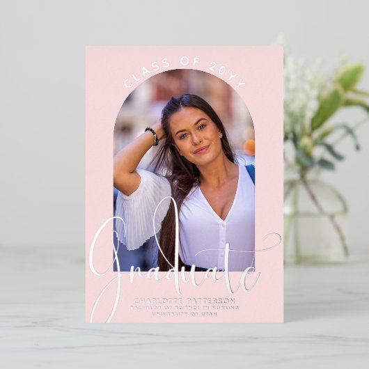 卒業アーチフォトシルバーの大学院 箔招待状 (立ち正面)