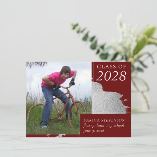 卒業アート |濃い赤のシルバーの汚れ2枚の写真 案内状 (スタンド正面)