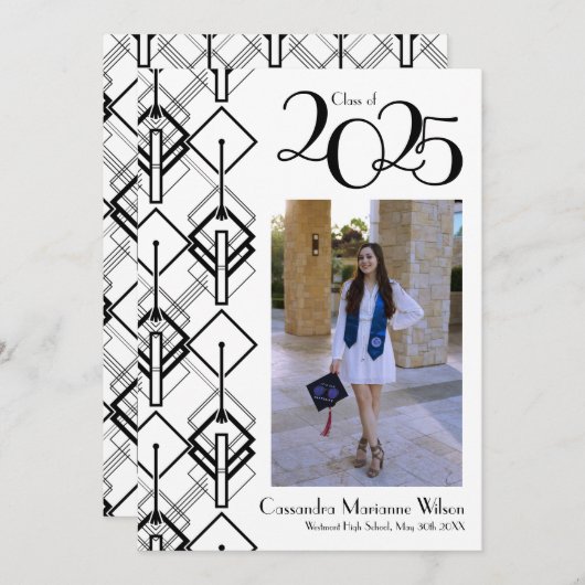 卒業アールデコ白黒発表 招待状 (正面/裏面)