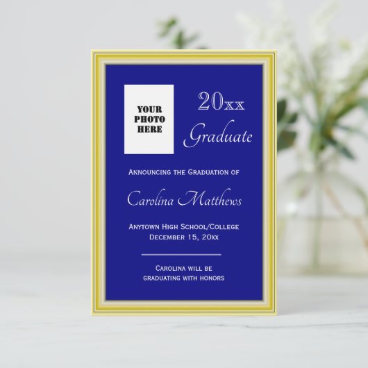 卒業イエロー金ゴールドフレームブルー卒業 案内状 (スタンド正面)