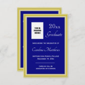 卒業イエロー金ゴールドフレームブルー卒業 案内状 (正面/裏面)