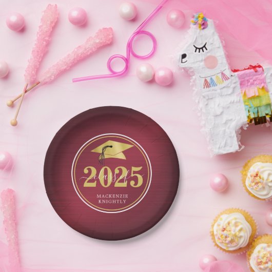 卒業エレガントキャップ学年名マルーン金ゴールド ペーパープレート (パーティー)