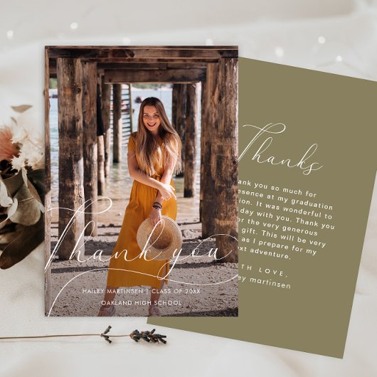 卒業エレガントスクリプト緑の写真ありがとう 招待状