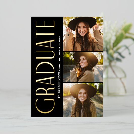 卒業エレガントタイポグラフィ3写真卒業 箔招待状 (立ち正面)