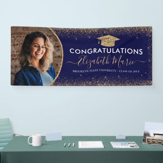 卒業エレガントネイビーブルー金ゴールドグリッター写真 横断幕 (トレードショー)