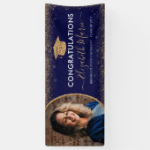 卒業エレガントネイビーブルー金ゴールドグリッター写真 横断幕 (縦)