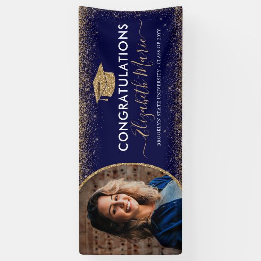 卒業エレガントネイビーブルー金ゴールドグリッター写真 横断幕 (縦)
