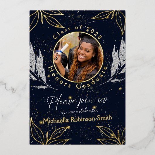 卒業エレガントパーティネイビーゴールドフォイル招待状 箔招待状 (正面)