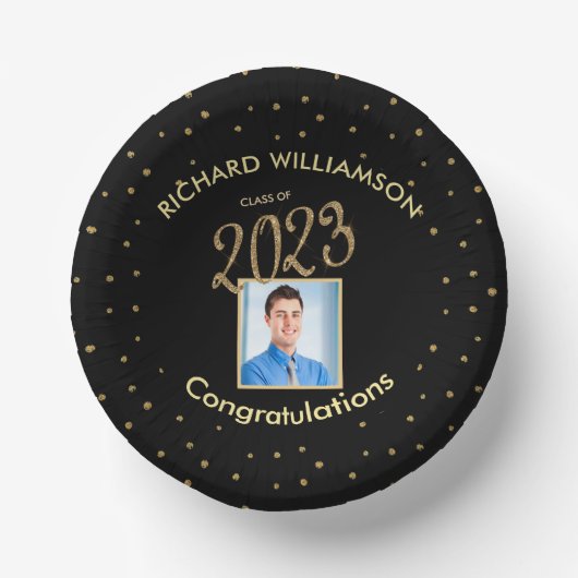 卒業エレガントパーティー写真ブラック金ゴールド ペーパーボウル (正面)