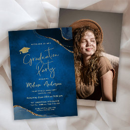 卒業エレガントパーティー海軍の青い写真 招待状