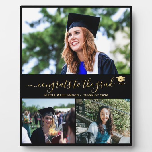 卒業エレガント卒業生3枚フォトコラージュ金ゴールドブラック フォトプラーク (正面)