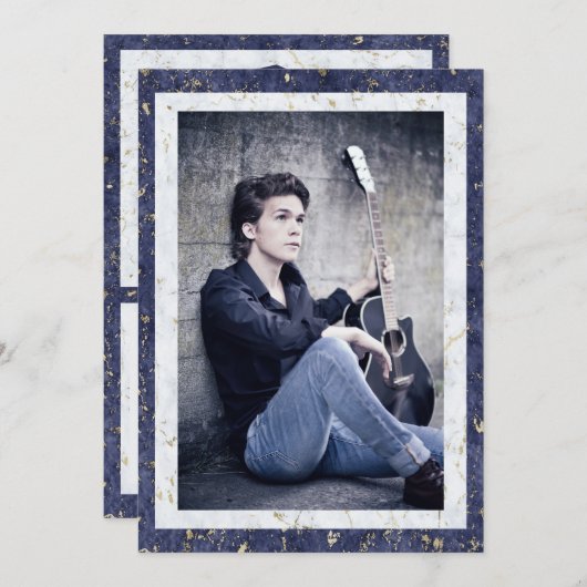 卒業エレガント用青白大理石と写真 案内状 (正面/裏面)