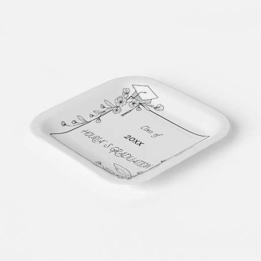 卒業エレガント白黒フローラ縁ど ペーパープレート (傾斜あり)