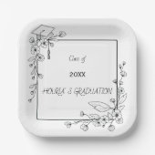 卒業エレガント白黒フローラ縁ど ペーパープレート (正面)