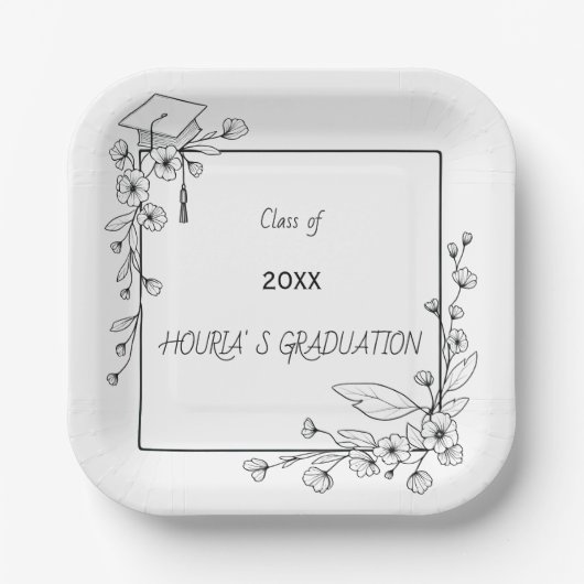 卒業エレガント白黒フローラ縁ど ペーパープレート (正面)