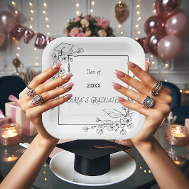 卒業エレガント白黒フローラ縁ど ペーパープレート