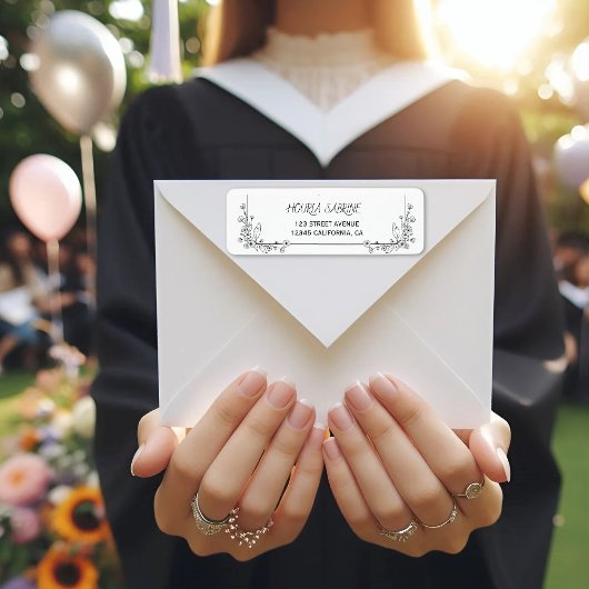 卒業エレガント白黒フローラ縁ど ラベル