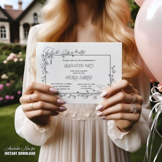 卒業エレガント白黒フローラ縁ど 招待状