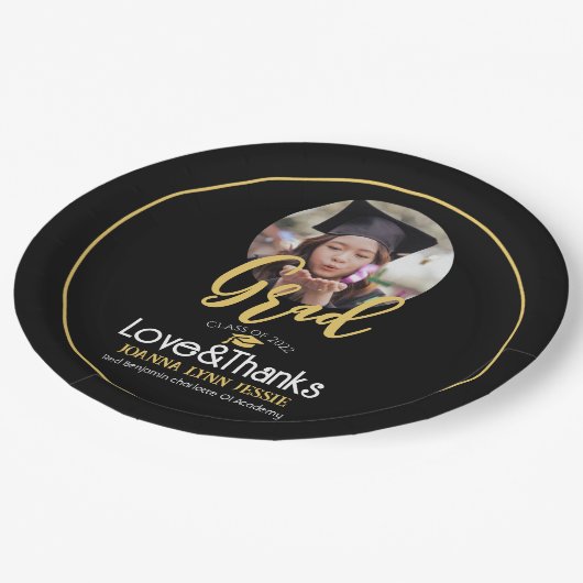 卒業エレガント金ゴールドキャップ感謝していスクリプト写真 ペーパープレート (アングル)